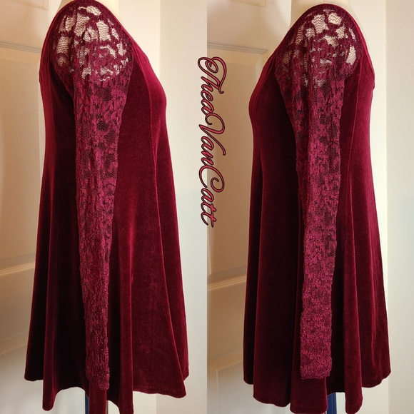 90s Betsey Johnson LUXE lace sleeves burgundy wine red VELVET mini dress / tunic - Picture 6 of 9